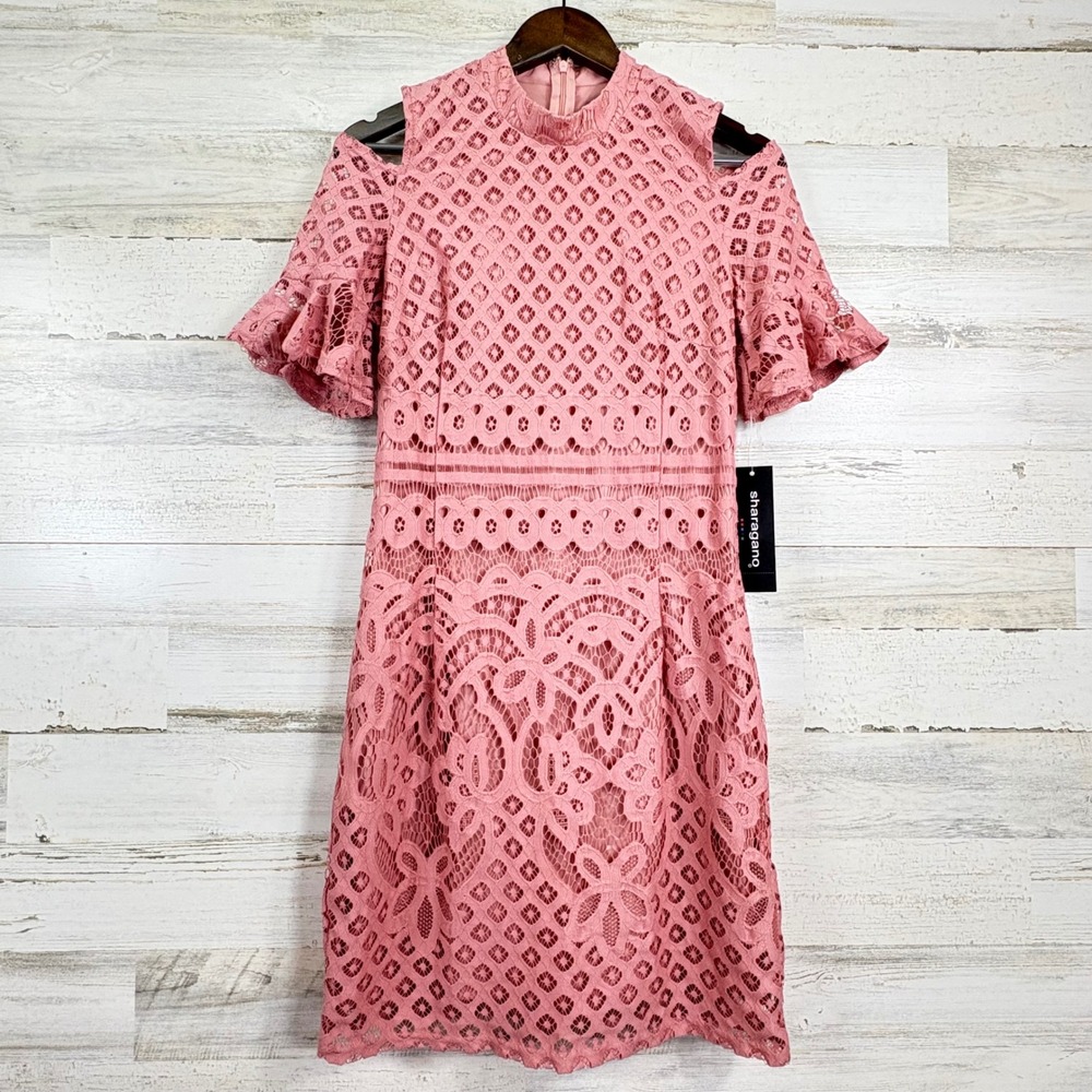 Sharagano Womens NEW Rose Tan Pink Lace Cold Shoulder Ruffle Sleeve Dress Size 4